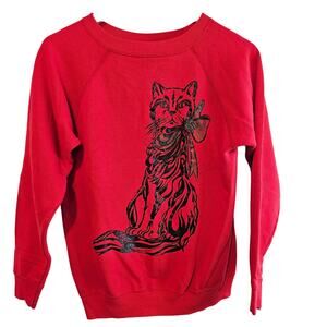 Vintage Cat Sweatshirt Women Medium Red Black Glitter Bow 80s Granny Retro Kitty